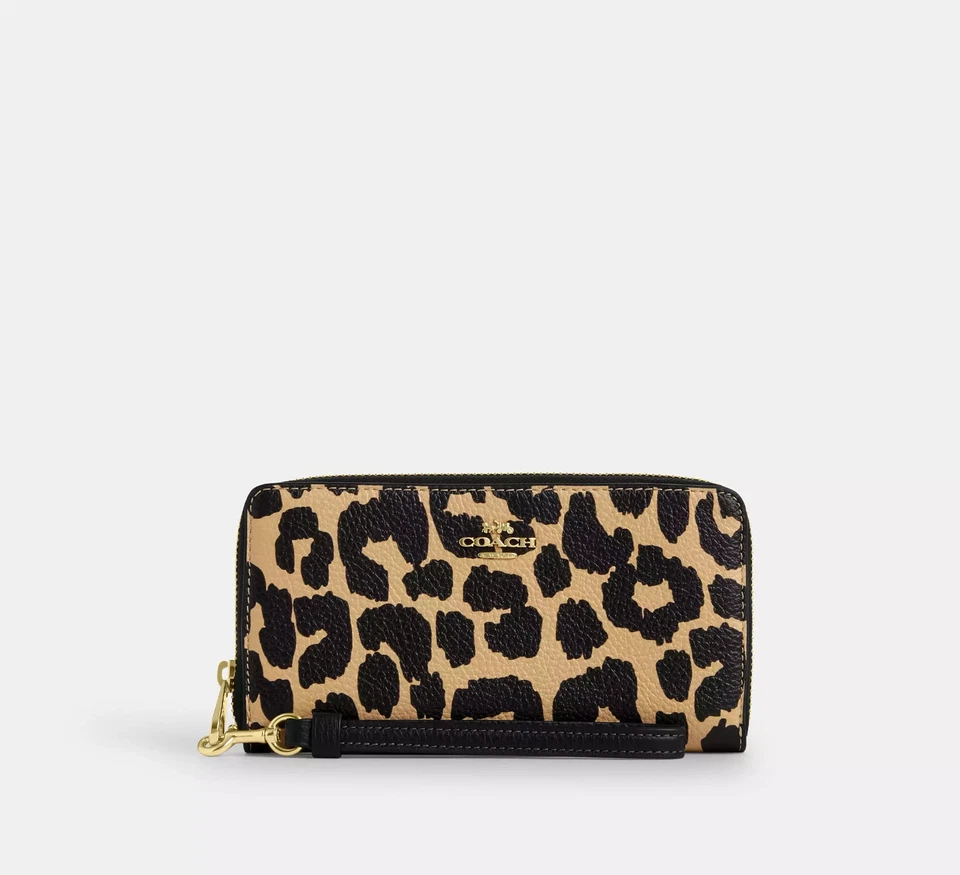NUEVO CON ETIQUETAS Coach CBT24 Cremallera Larga Alrededor Cuero Dorado Negro Estampado Leopardo Foto 2 de 4
