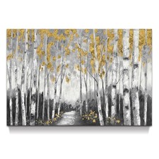 Birch Forest Canvas Wall Art: Large Abstract Tree Painting with Gold Foil Han...