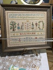 Antique Danish cross-stitch sampler 1951 Cottagecore Wall Art Picture