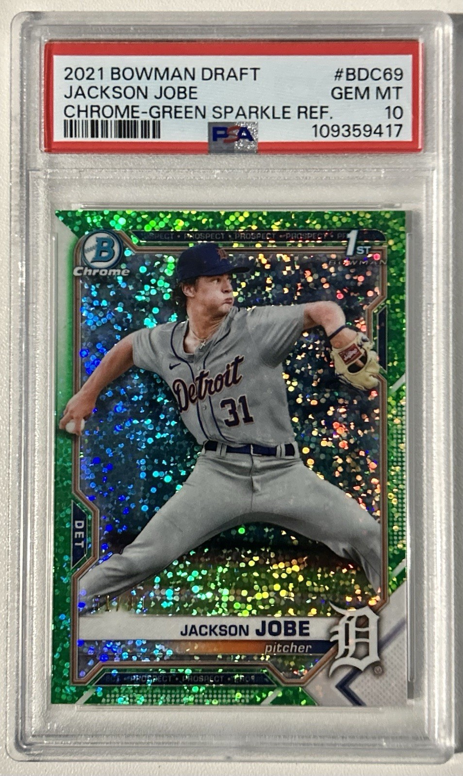 2021 Bowman Chrome Green Sparkle Refractor Jackson Jobe PROSPECT /99 PSA 10