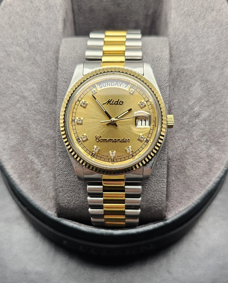 Reloj Automático Vintage Mido Años 80 Commander Día-Fecha Dos Tonos Esfera Diamante  Foto 3 de 4