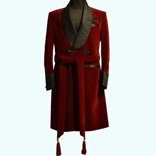 Men's Maroon Smoking Quilted Lapel Designer Dinner Party Wear Long Coat image 3