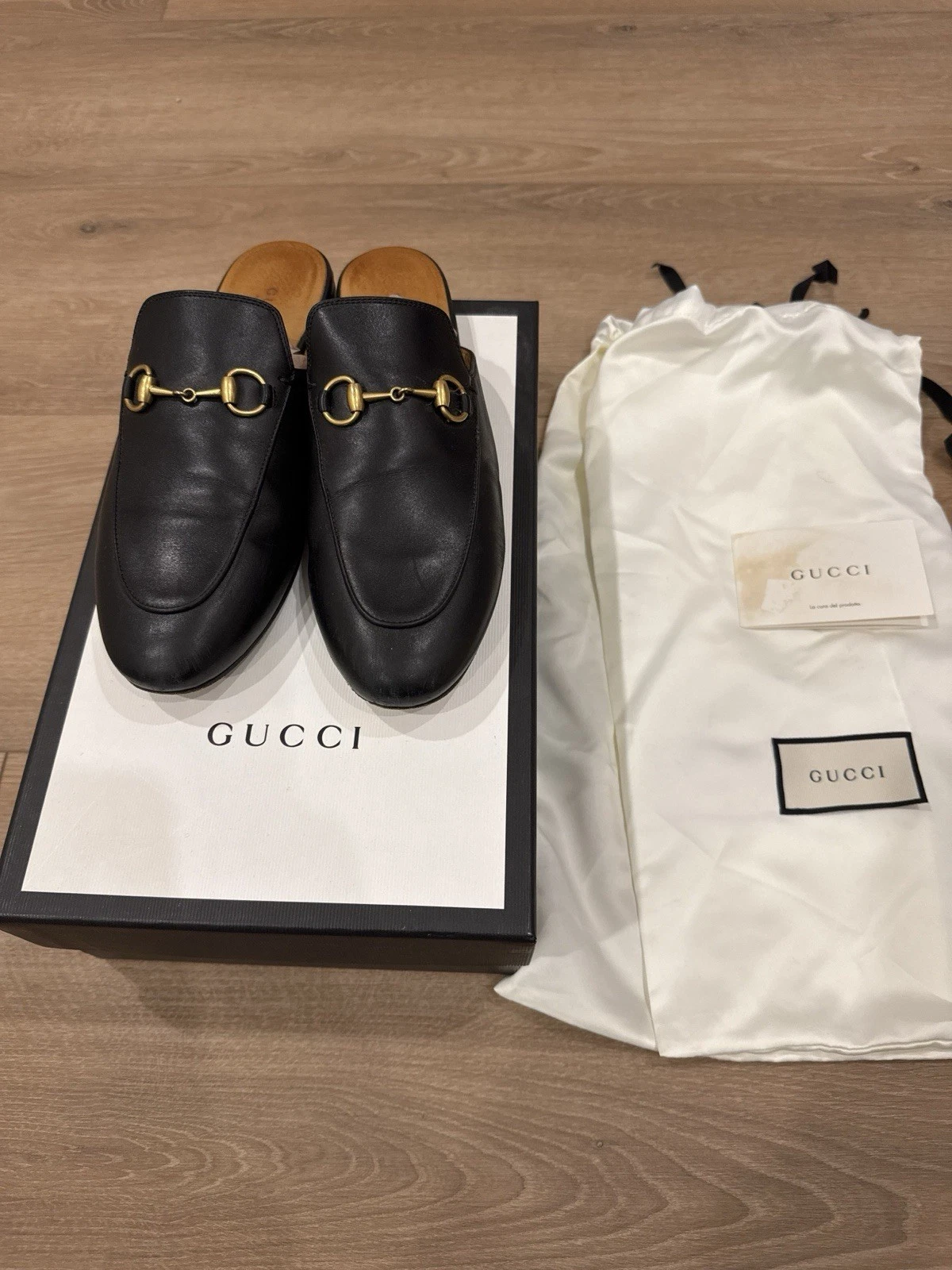 Gucci — GUCCI Princetown Black Leather Mules Horsebit Slip On Loafers Size 37 w/ Box