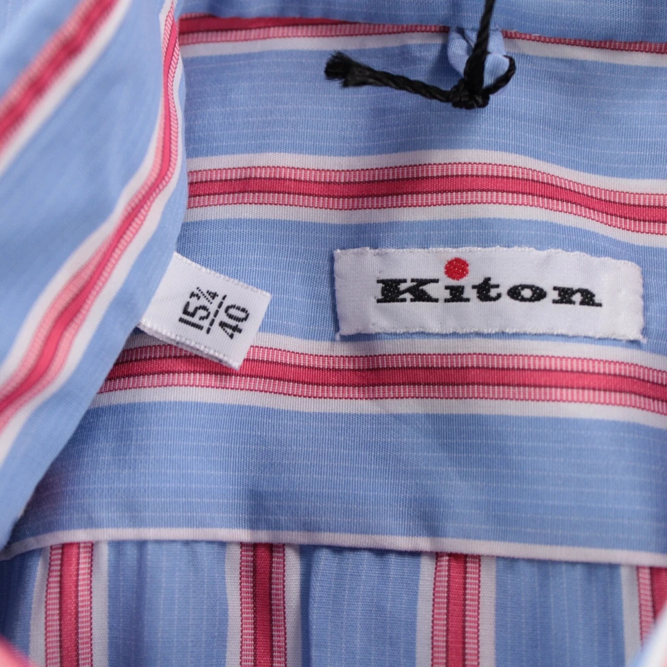 Camisa de vestir Kiton nueva con etiquetas talla 15.75 40 azul rosa con rayas blancas 100 % algodón Foto 2 de 4