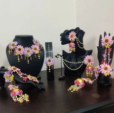 Women fashion flower  earrings tika bracelets necklace haldi mehandi babyshower