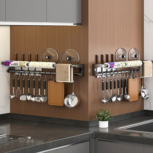 2 Tier Aluminum Kitchen Organizer Shelf Wall-mounted Spice Storage Rack w/ Hooks - Picture 9 of 11