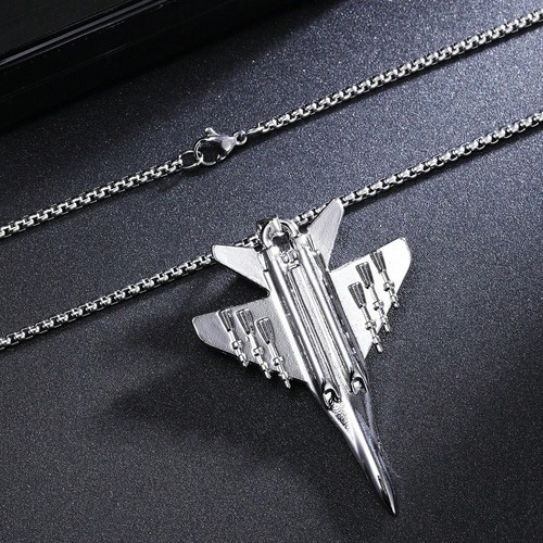 Stainless Steel F-18 Fighter Jet Retro Pendant & 3mm 24' Rolo Chain Necklace - Picture 6 of 6
