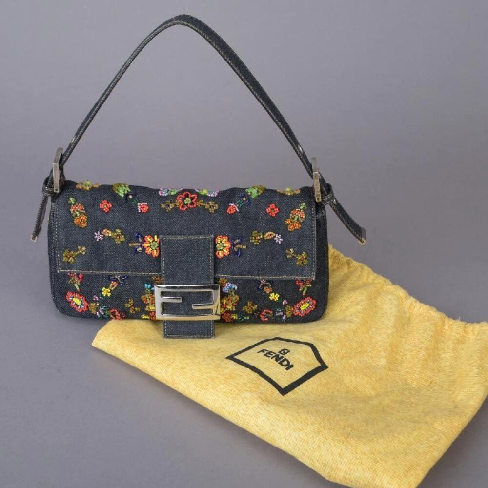 FENDI Mamma Baguette Shoulder Hand Bag Floral Beaded Denim Indigo