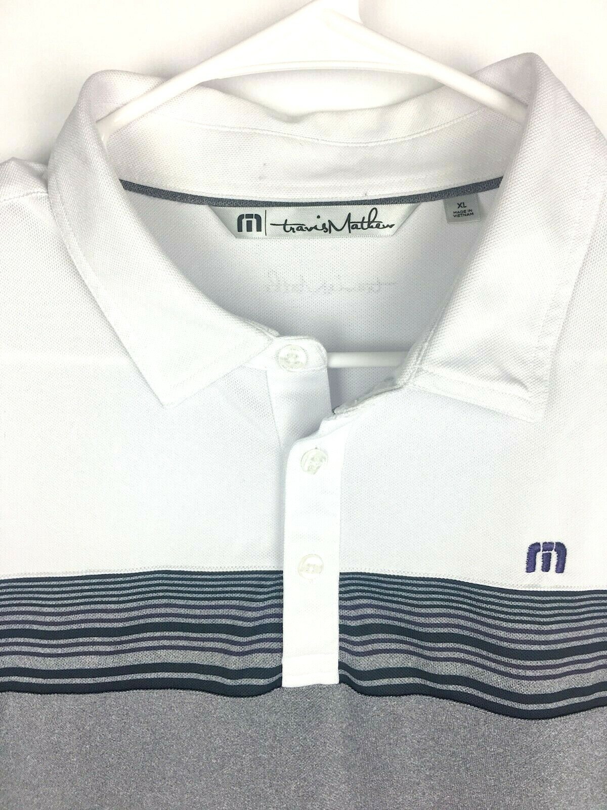 Travis Mathew Otters Golf S/S Polo Stripes Shirt White Gray Men’s Size ...