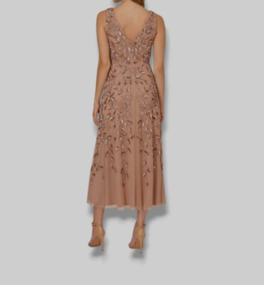 Adrianna Papell Women's Pink Floral Beaded Sequins V-Neck Dress