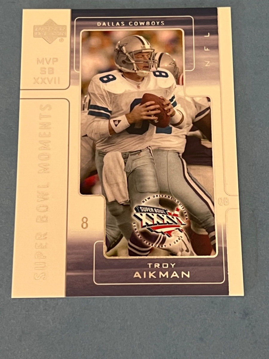 rare troy aikman cards 2002 UD SUPERBOWL MOMENTS PROMO STAMPED ! 2025 Flawless Troy Aikman Sapphire