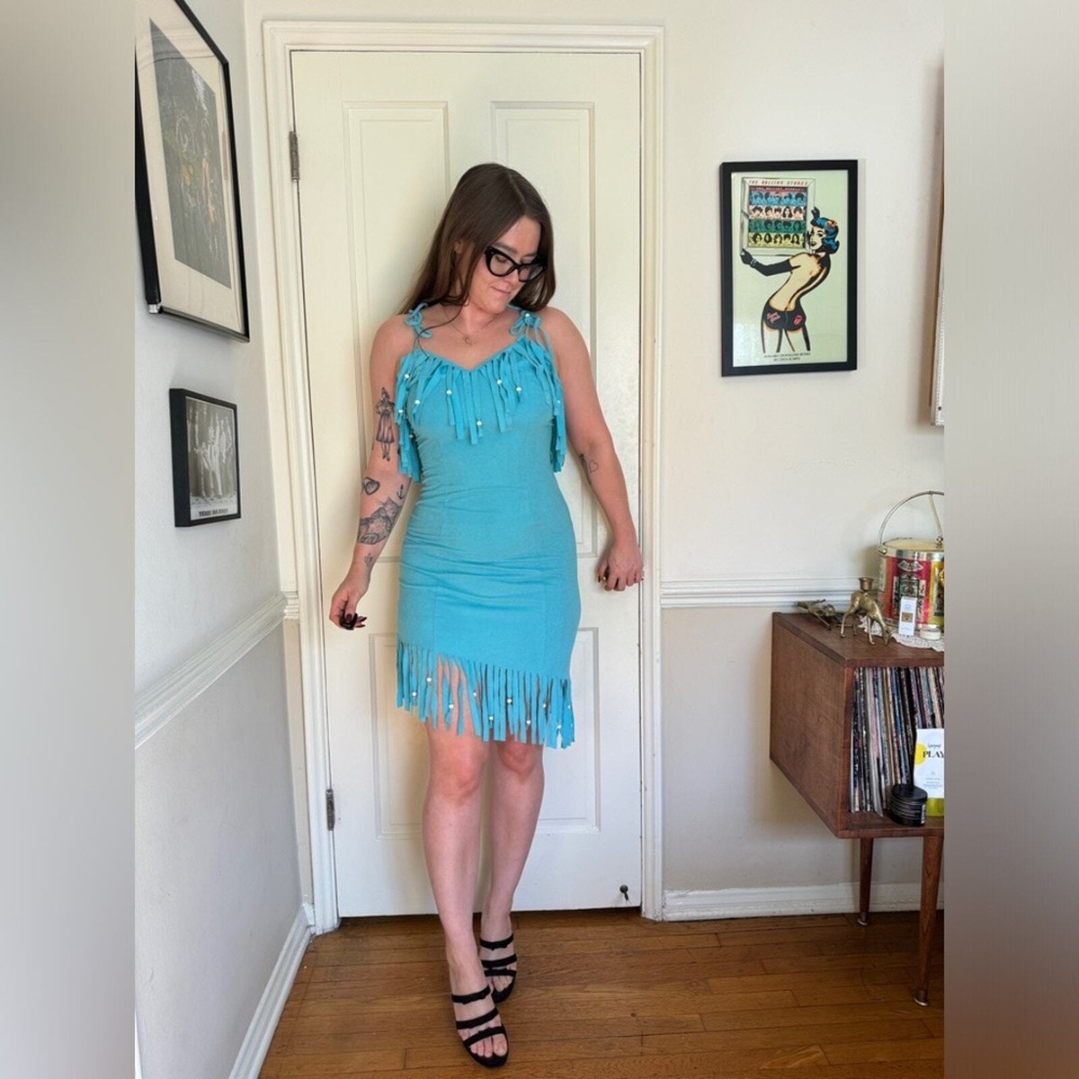 blue suede fringe dress Double Fringe Faux Suede Dress main image 0
