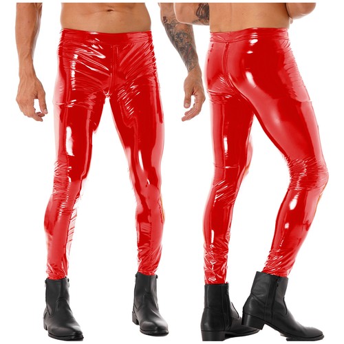 Men's Leather Skinny Pants Zipper Crotch Leggings Tight Motorcycle Biker Pants - Picture 16 of 60