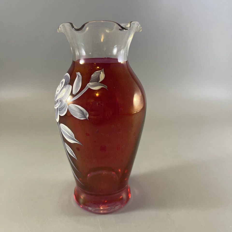 Westmoreland Glass Ruby Flash Red Vase Hand Painted Rose 5.5 In. Tall Vintage - Image 2 of 4