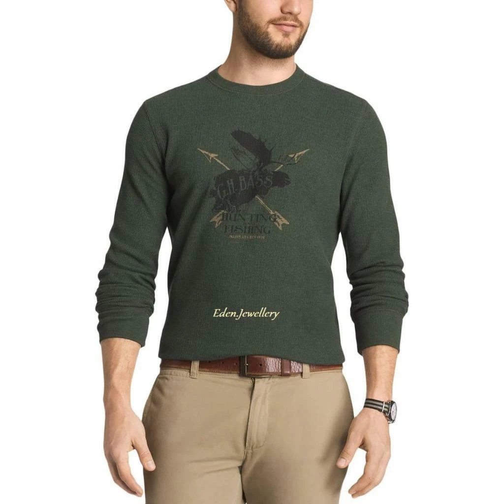 G.H. Bass & Co Men Green Waffle Knit Graphic Signature Hunting Fishing Shirt 2XL