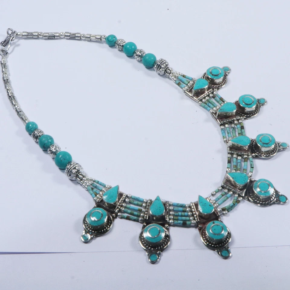 Colar Gargantilha Verde Tibetano Turquesa Feito à Mão Joia Boêmia Pedra Preciosa N47 - Imagem 2 de 4