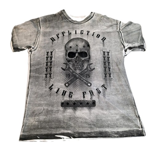 Affliction American Customs Live Fast Grey Distressed Graphic Men's Tee, Skull
