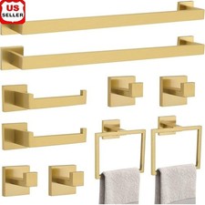 Brushed Gold Bathroom Hardware Set 10-Piece SUS304 Steel Towel Bar Hooks Holder