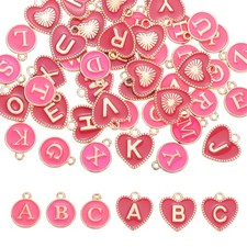 52 Pcs Letter Initial Charm A-Z Heart Round Letter Charm Rose Red