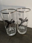 Vtg. Federal Glass Game Bird Tumblers  2 With Silver Rim & Ring Necked Pheasant