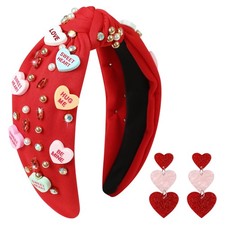 Valentines Day Candy Heart Knotted Headband Rhinestone Jeweled Hair Band