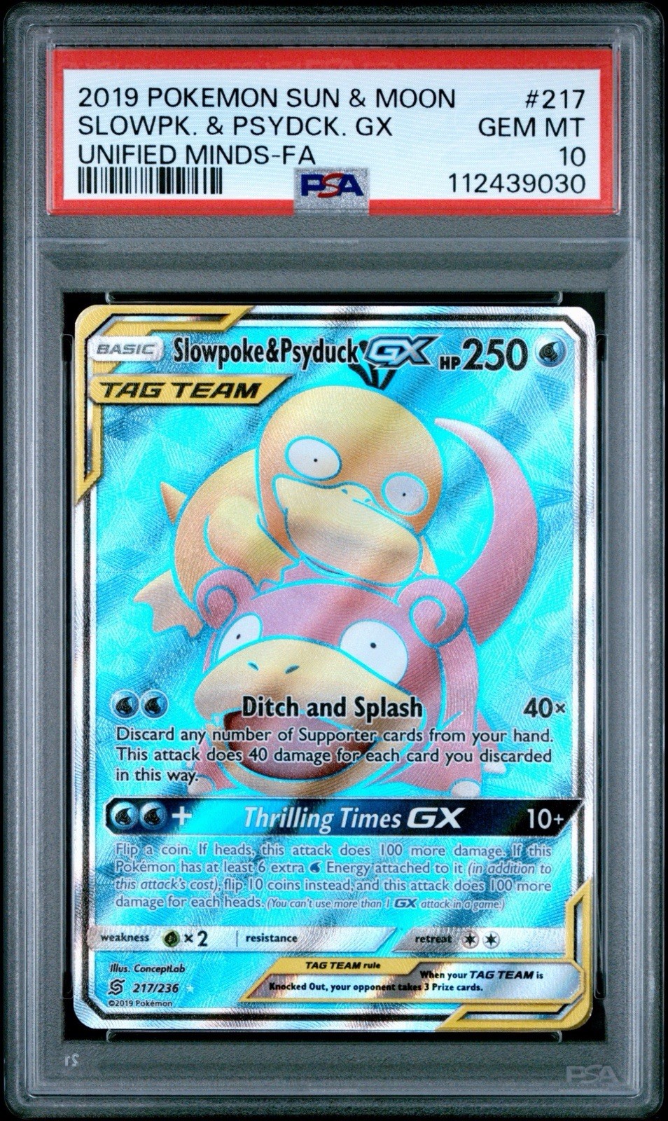 2019 POKEMON SUN & MOON UNIFIED MINDS #217 FULL ART/SLOWPOKE & PSYDUCK GX PSA 10
