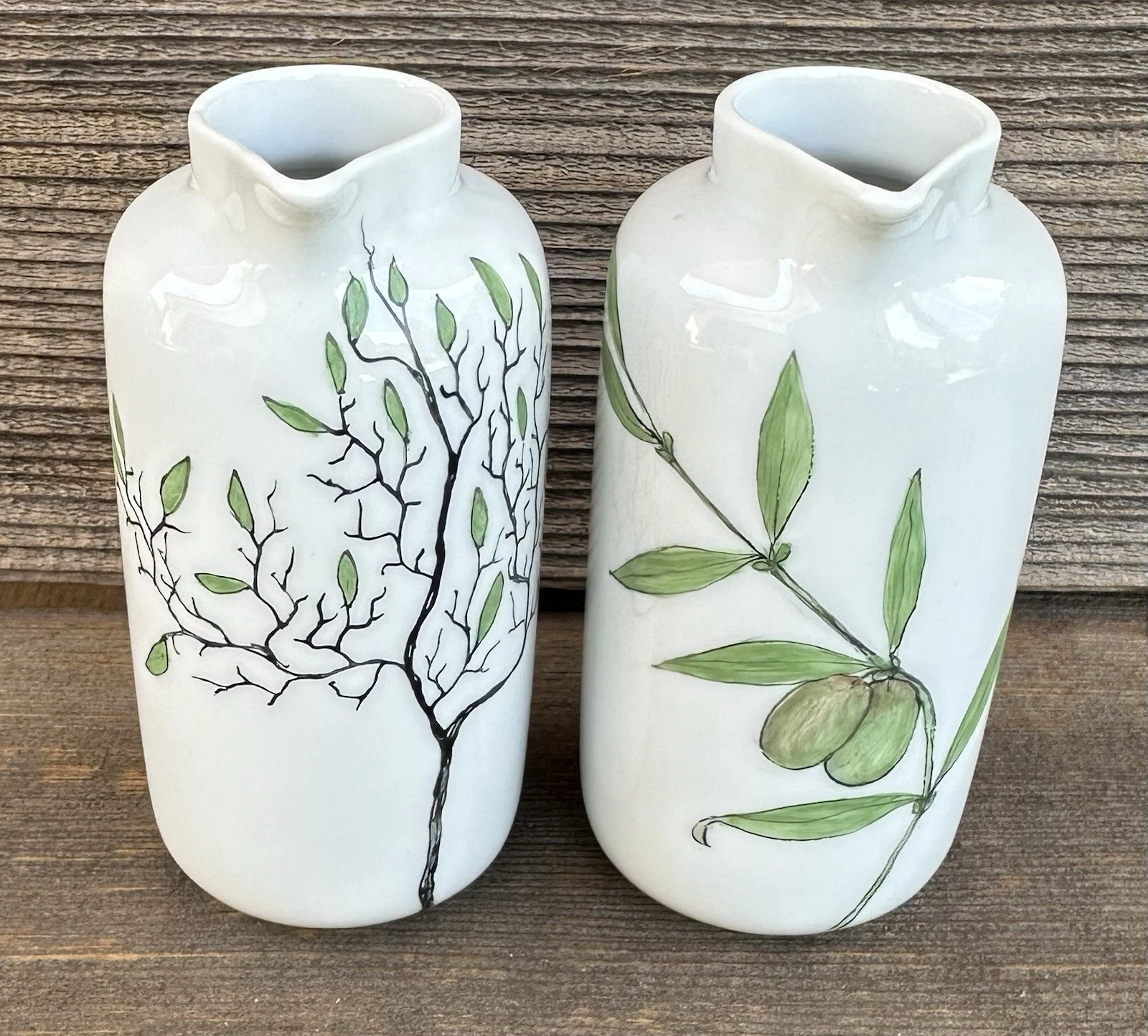 Set Of 2 Signed Hand-Painted Passau Germany Porcelain Olive Oil & Vinegar Cruets