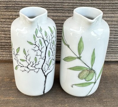 Set Of 2 Signed Hand-Painted Passau Germany Porcelain Olive Oil & Vinegar Cruets