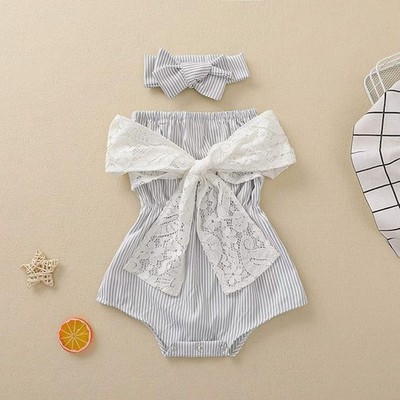 Newborn Baby Girls Outfits Striped Lace Bow Tie Jumpsuit with Headband Clothes