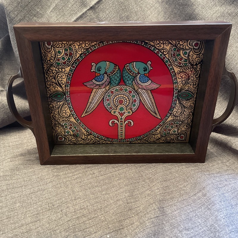 Reverse Glass Painting Floral And Birds On Serving Tray