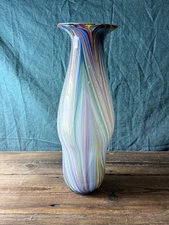 18” Murano Style Rainbow Swirl Art Glass Vase – Hand Blown Studio Glass