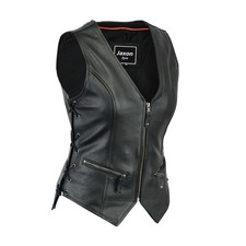 Womens Motorcycle Leather Vest Genuine Cowhide Leather Black Concealed Carry