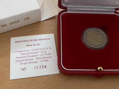 Monaco 2 Euro 2010 PP Kursmünze Fürst Albert, Schatulle+Schleife+Zertifikat