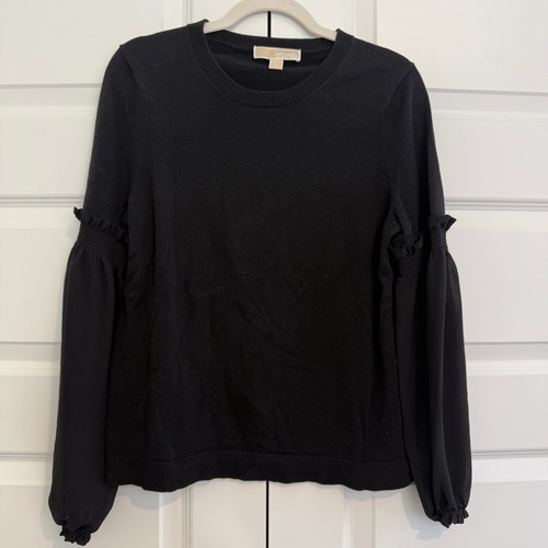 Michael Kors | Blouson Sheer Sleeve Sweater with Ruffle Cuff in Black