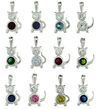 Sterling Silver Birthstone Cat Pendant Charm w/ Colored Cubic Zirconia Stone