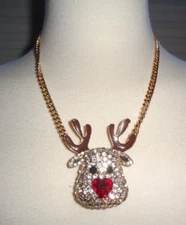 BETSEY JOHNSON Rudolph Red Nosed Reindeer Necklace, Glass Rhinestones