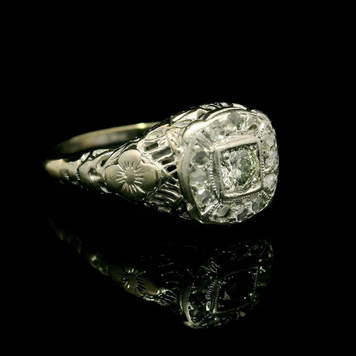 Antique Art Deco 14k White Gold Old Rose Cut Diamond Floral Filigree Work Ring - Picture 9 of 14