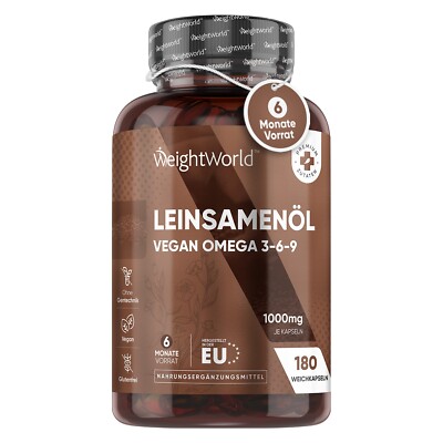 Omega 3 - Leinöl - 180 Kapsel - Vegan Omega 3 6 9 - 1000mg Leinsamenöl - Vegan