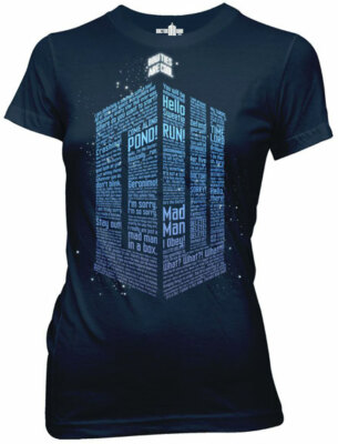 Doctor Who Phrases and Words in Tardis Girl JUNIORS Blue T-shirt 