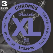 3 Sets D'Addario ECG24 Chromes Flat Wound Light 11-50 Guitar Strings ECG24-3D