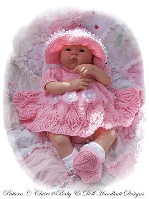 BABYDOLL HANDKNIT DESIGNS KNITTING PATTERN LACY EDGED DRESS SET 16-22" DOLL/0-3M