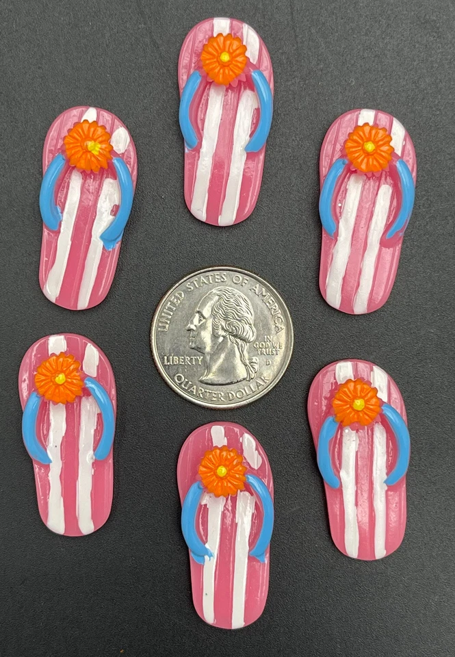 6 chanclas rosadas con adornos de cabujones de respaldo plano de resina de flor naranja Foto 2 de 3