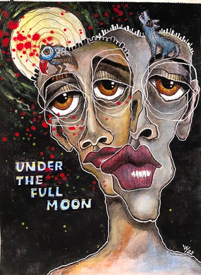 Abstract Portrait Original Painting Mixed Media Art Full Moon 12 x 9'' Modern Art