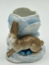 Vintage Art Nouveau Bisque Easter Rabbit Vase Blue Eggs Cabbage SPM 2.75"