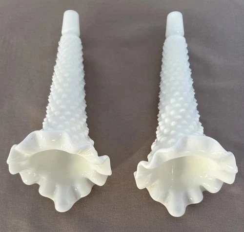 Vintage Pair Hobnail Fenton Unsigned White Milk Glass Epergne Horn Replacements