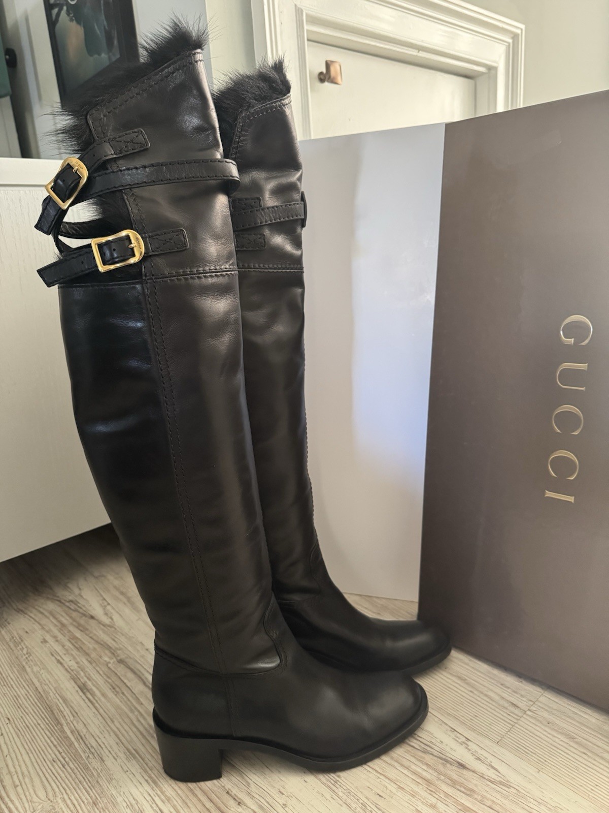 Gucci 228449 Fur Lined Black Leather Tall Boots Size 39 US 8.5 Box Dustbag image 3