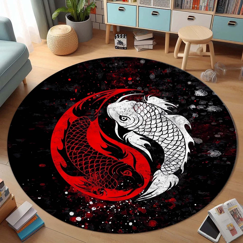 Yin Yang Koi Fish Rug, Japanese Koi Carp Carpet, Zen Round Floor Mat, Feng Shui - Image 2 of 4