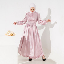Women’s Pink Solid Maxi Dress M Round Neck Satin Balloon Long Sleeve Pullover