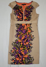 Nine West Sheath Dress Tan W/ Purple and Orange  Floral Womens  14 Sleeveless