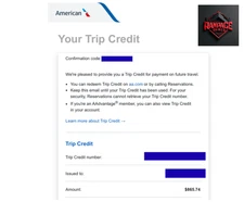 $1731.48 American Airlines Trip Credit – ($865.74 x2) – 6 Month Expiry
